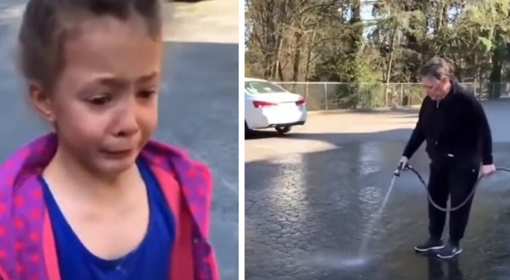 Uma menina desenha na rua com giz: a vizinha irritada sai com uma mangueira e apaga tudo