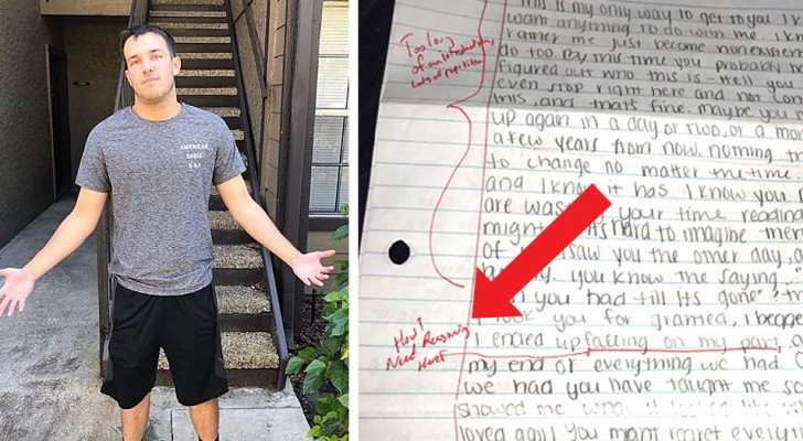 His fiancée betrays him and writes a letter of apology: he sends it back with lots of corrections in red