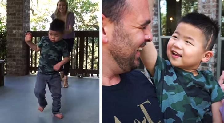 Questo bimbo con paralisi cerebrale muove i suoi primi passi sulla veranda di casa, per la gioia della sua famiglia