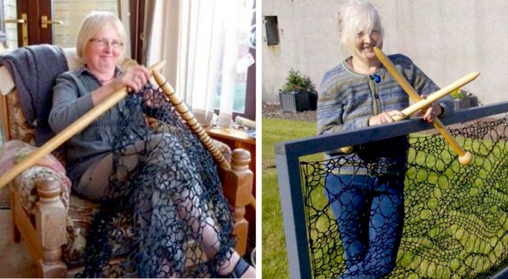 An English Seamstress made her yard's fence out of lace and fishnet 