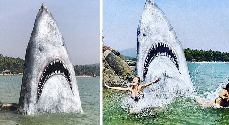 Ein Künstler verwandelt einen Felsen in einen "Hai" mit weit geöffnetem Maul und macht ihn so zu einer Touristenattraktion