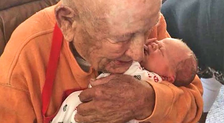 The 105-year-old great-grandfather who embraces his newborn grandchild in a splendid affectionate scene