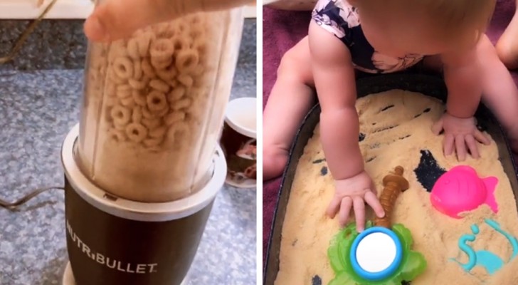 Frulla i cereali per realizzare una "sabbia" in cui far giocare la figlia in sicurezza: l'idea geniale di una mamma