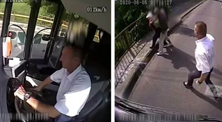 A bus driver sees a man who is robbing an old woman: he stops the vehicle and gives chase