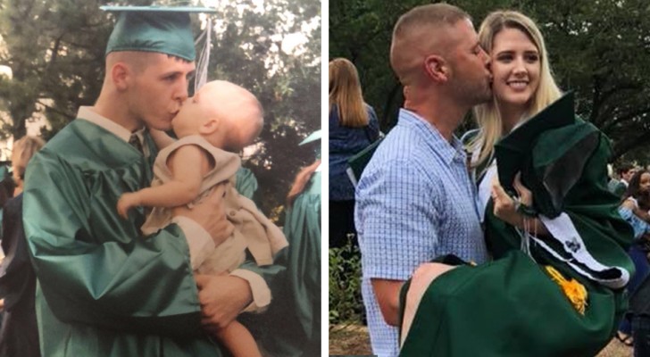 18 Jahre später stellen Vater und Tochter das Abschlussfoto nach