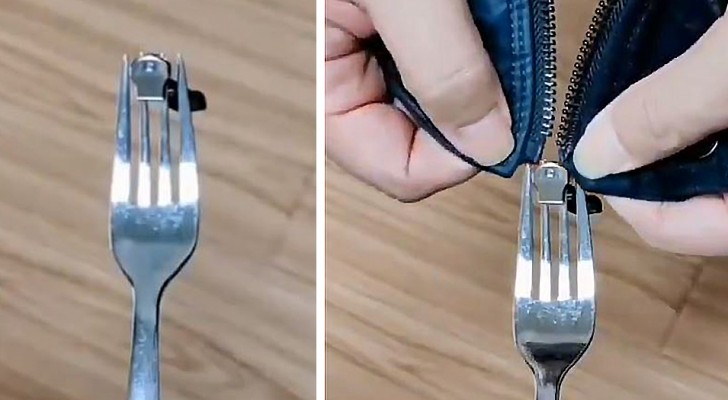 En man delar sitt tips på hur man kan laga en dragkedja endast med hjälp av en gaffel