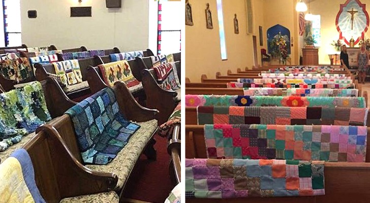 The grandmother who always sewed wonderful blankets: her grandchildren honor her by exhibiting them in church during the funeral