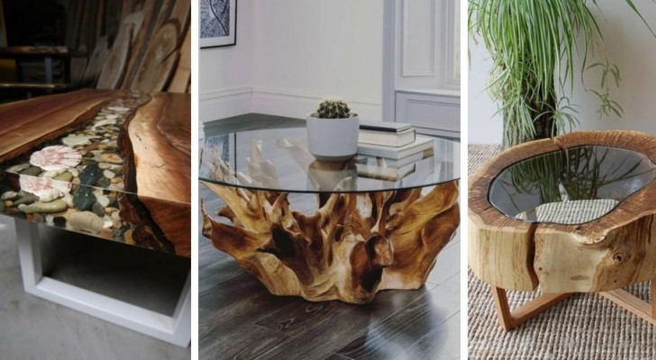 9 spunti creativi per realizzare fantastici mobili con tronchi di legno abbinati a vetro o resina
