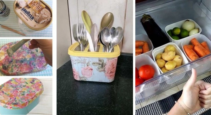 10 progetti di riciclo creativo per trasformare le vaschette dei gelati in contenitori belli e funzionali