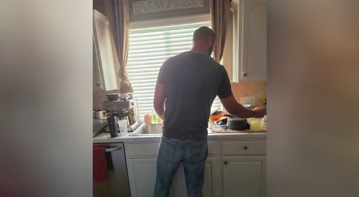 Man helps his wife with household chores after working a 13 hour shift