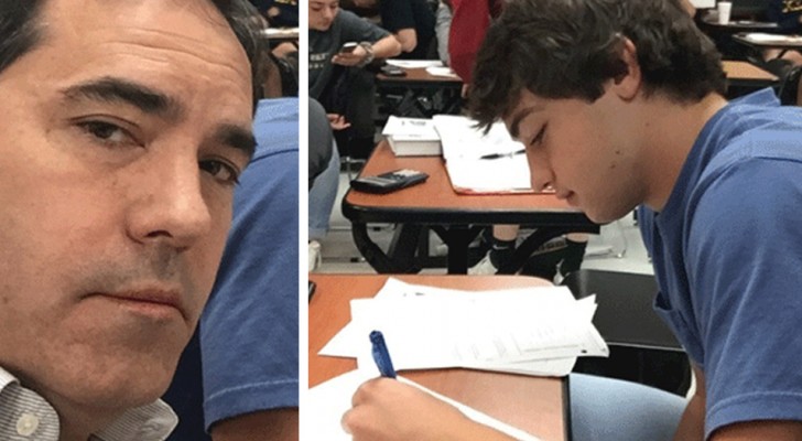 A teenager continues to misbehave at school: his father goes to class and sits next to him as punishment