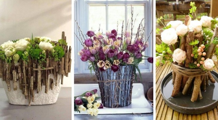 11 proposte adorabili per decorare i vasi in modo naturale riciclando ramoscelli e legnetti