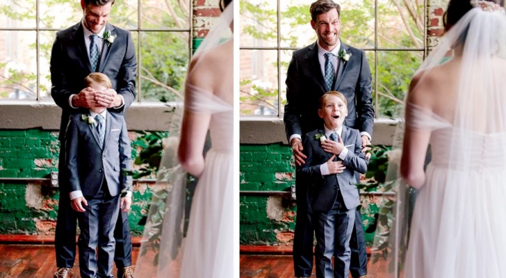 A child sees his stepmother in a wedding dress for the first time and begins to cry for joy