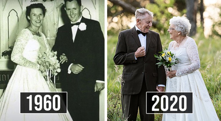 Marido e mulher comemoram seu 60º aniversário vestindo as mesmas roupas do casamento original