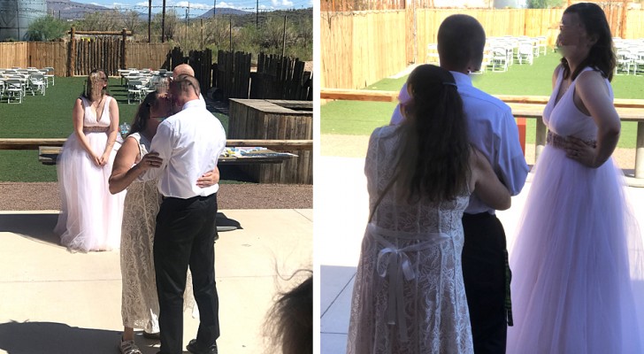 The mother-in-law dresses in a white dress and dances close to her son stealing the show from the bride during the wedding