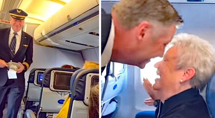 Prende l'aereo senza sapere che il pilota è suo figlio: quando lui esce dalla cabina lei non trattiene l'emozione