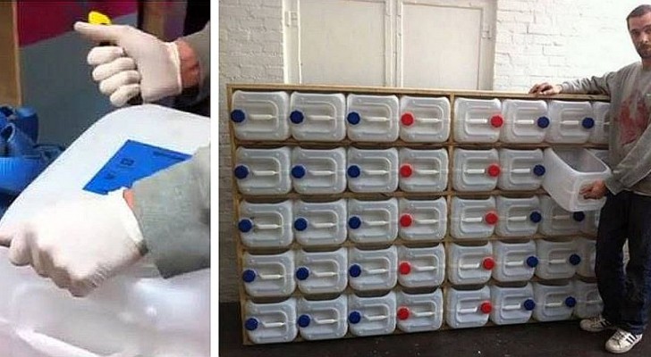 La tecnica semplicissima per realizzare un comodo mobile a cassetti riciclando taniche di plastica