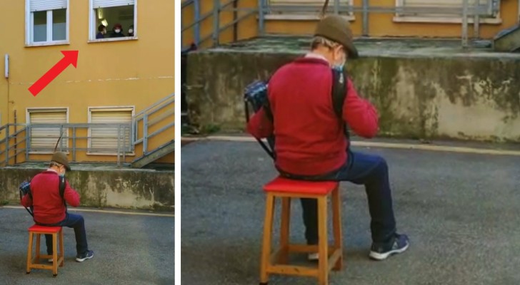 En 81-årig man får inte hälsa på sin fru som är inlagd så han spelar en serenad utanför hennes sjukhusfönster