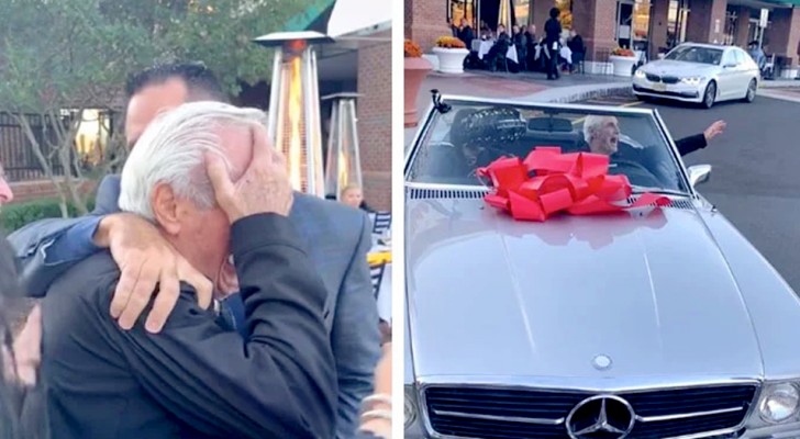 Cumple 80 años y como regalo recibe un auto que siempre había soñado: no logra retener las lágrimas