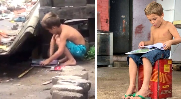 Un niño de 5 años muy pobre recoge algunos libros de la basura para compartirlos con sus hermanos