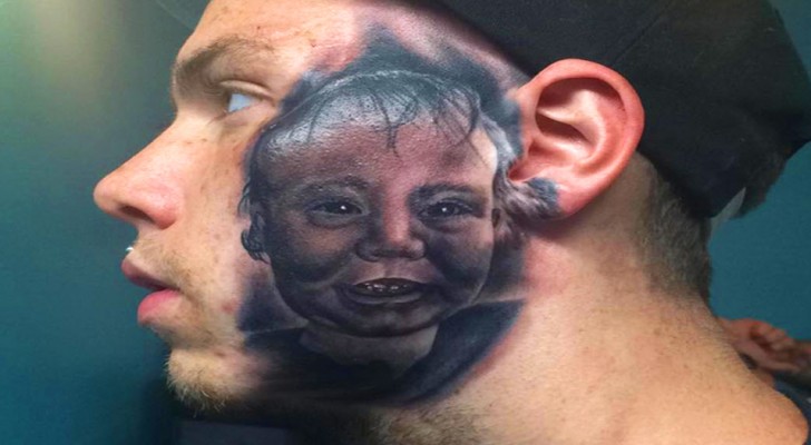 A young dad decides to have his son's portrait tattooed on his left cheek: an extreme gesture of love