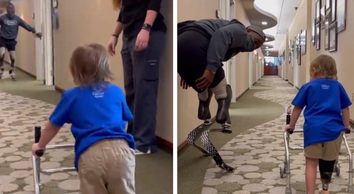 Un niño de dos años hace sus primeros pasos con las prótesis: el campeón paralímpico lo anima