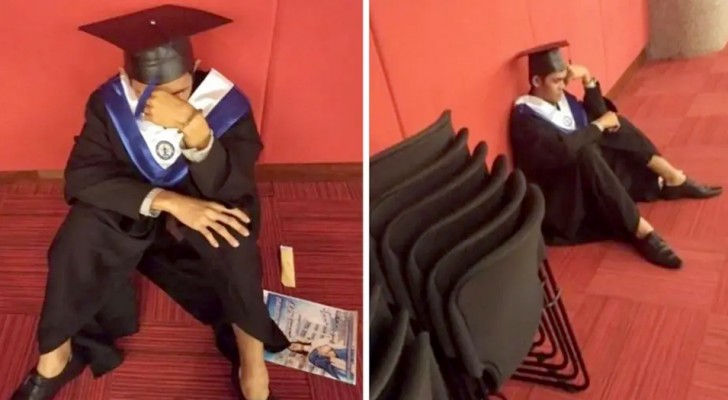 Hij slaagt erin om af te studeren, maar zijn ouders komen niet opdagen: de jongen barst in tranen uit voor de ceremonie