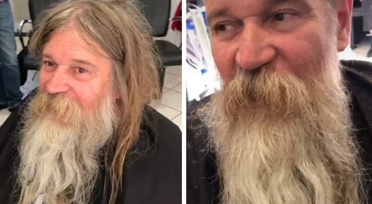 A barber gives a new look to a homeless man: after the haircut he is unrecognizable