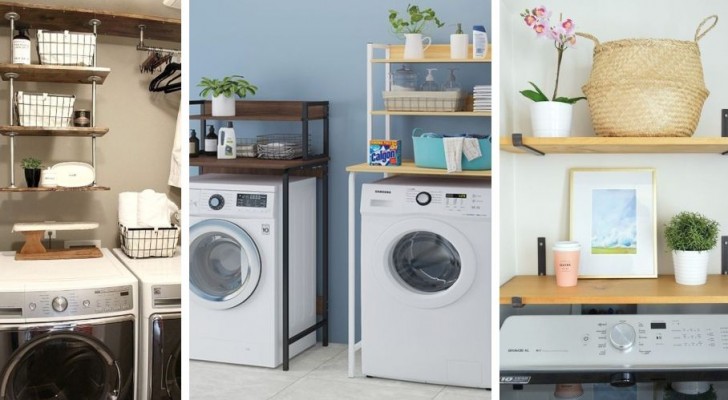 8 proposte ingegnose per allestire un angolo lavanderia usando mobili da sistemare sopra la lavatrice