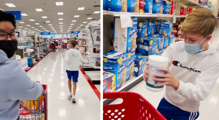 They tell a little boy that he has 3 minutes to buy whatever he wants: he only chooses things for his family