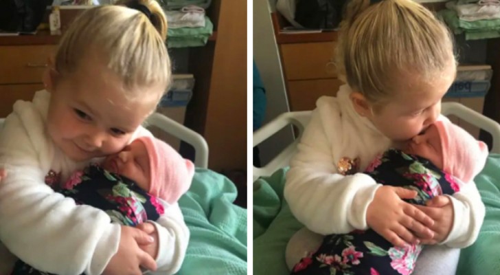 At the age of 3 she meets her newborn sister and promises to always protect her: the video is very touching