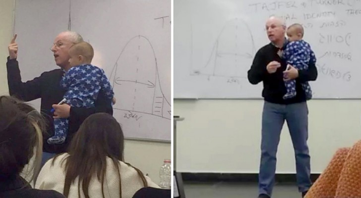 A teacher interrupts the lesson to rock his student's baby: he was crying non-stop