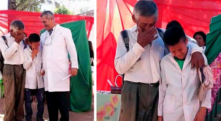 Every day he walks to school for nearly 4 miles with his grandfather: on graduation day he bursts into tears of joy