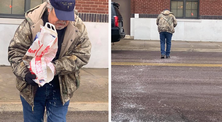Ein aufmerksamer Vater streut Salz auf die vereiste Straße, damit seine Tochter, die zur Arbeit geht, nicht ausrutscht