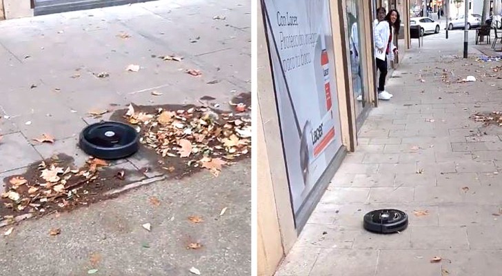 En dammsugarrobot flyr från affären och rengör stadens trottoarer: videon är surrealistisk