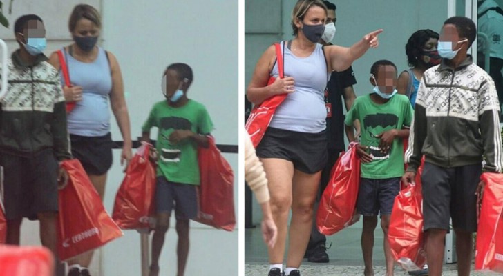 Two orphans try to sell candy to a passerby: she buys them lunch and takes them to the mall