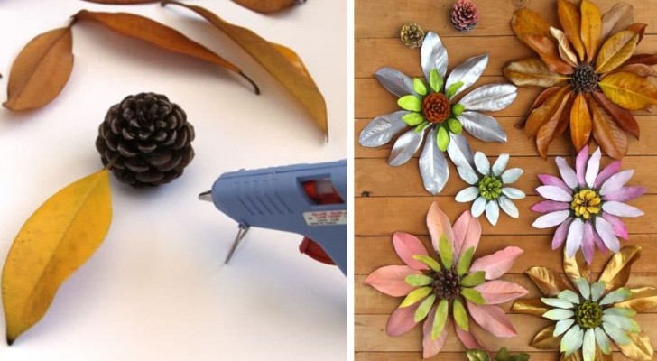 Il tutorial semplicissimo per realizzare dei fiori coloratissimi con pigne e foglie