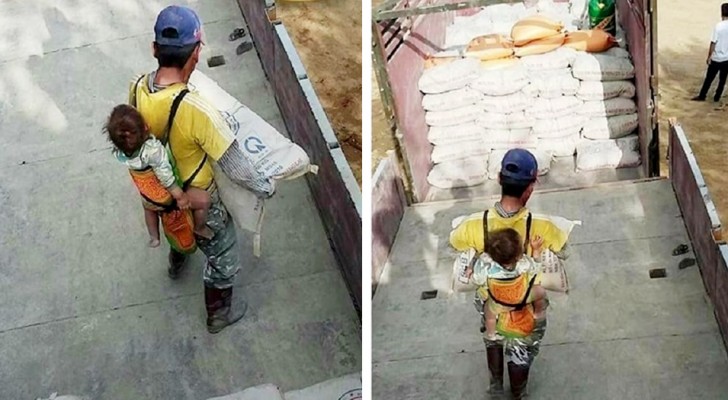 A widowed dad carries his son on his shoulders every day: he takes him to work so as to never leave him alone