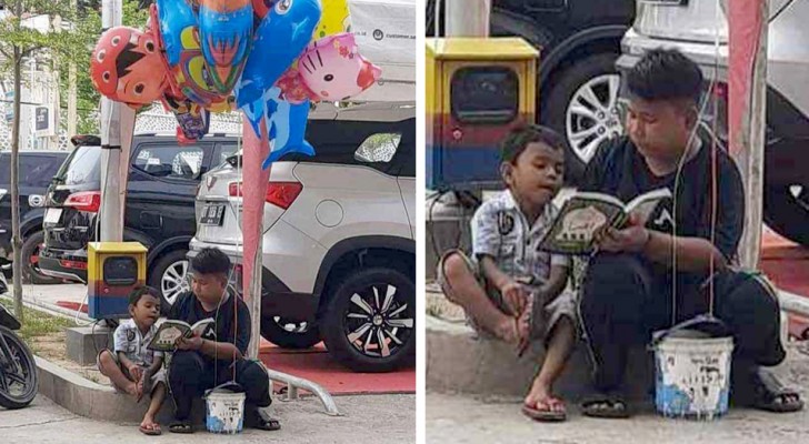 Bimbo povero insegna a leggere al fratellino mentre vendono palloncini in strada per guadagnarsi da vivere