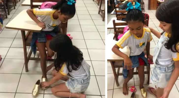 A 10-year-old girl goes to school and gives her shoes to those in need: the teacher is moved