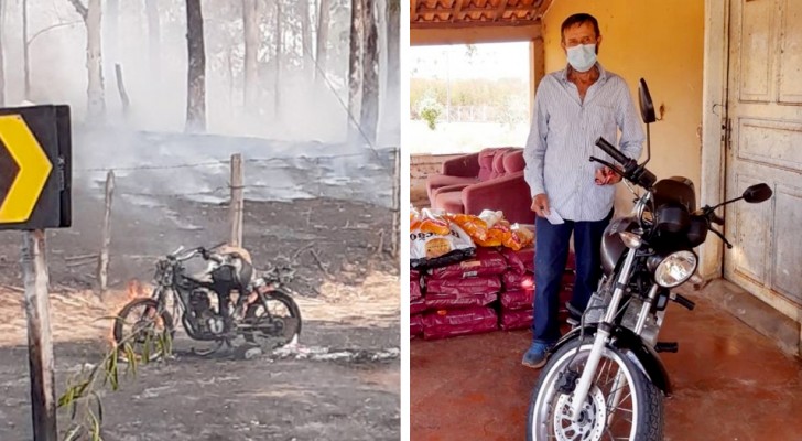 He loses his motorbike in a fire, rescuing his animals: the neighbors make a collection and buy another one