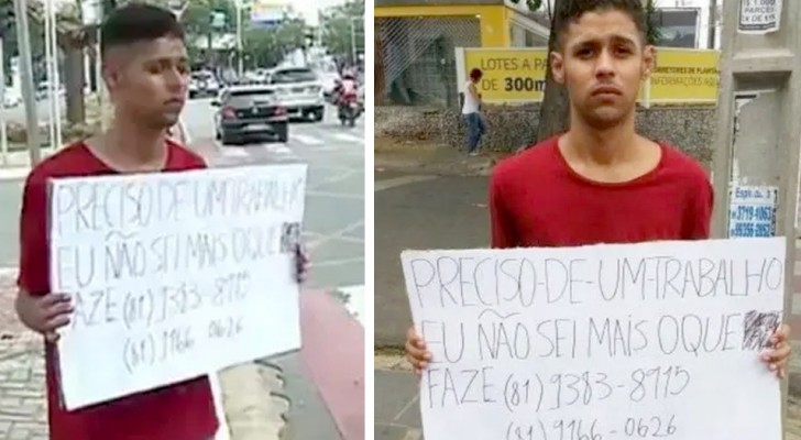 "Preciso de um emprego": jovem desesperado exibe um cartaz em frente a um semáforo