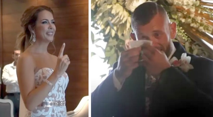 The bride stops half way down the aisle and "sings" a song to her deaf husband in sign language