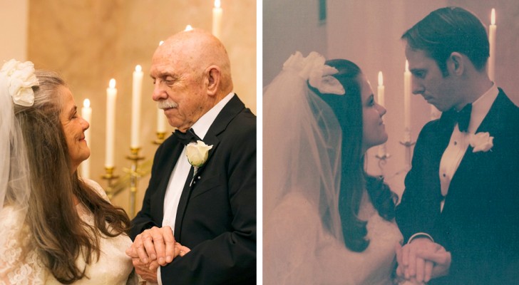 Coppia ricrea le foto del matrimonio per festeggiare il loro 50° anniversario: si amano come se fosse il primo giorno