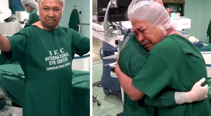 19 anni dopo riesce a vedere di nuovo con i suoi occhi: finita l'operazione si commuove e abbraccia il medico