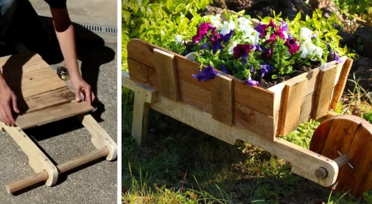 Costruisci una splendida fioriera a forma di carriola riciclando il legno di pallet