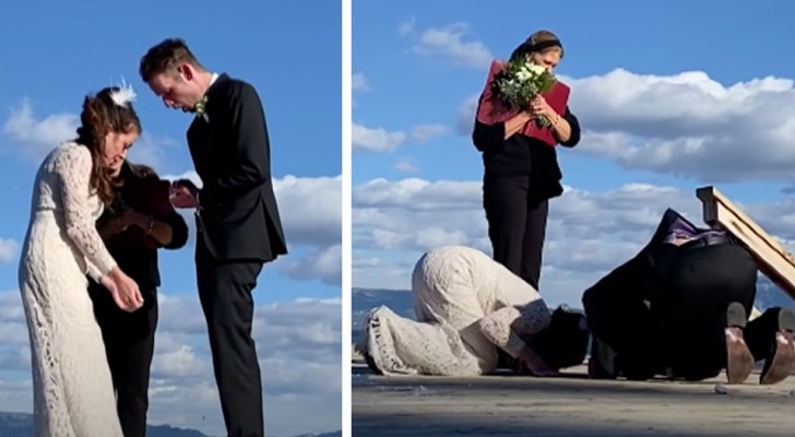 They get married on the dock of a lake and when the wedding rings are exchanged, the bride's ring falls into the water: the scene is surreal