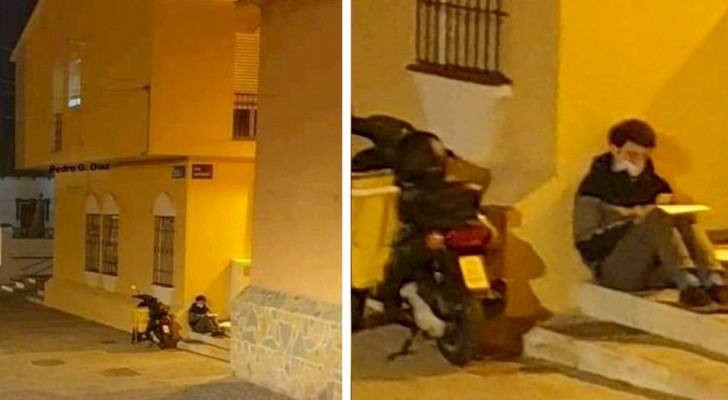 He studies by the streetlight after finishing the evening shift: between school and work, he doesn't have time to do it at home