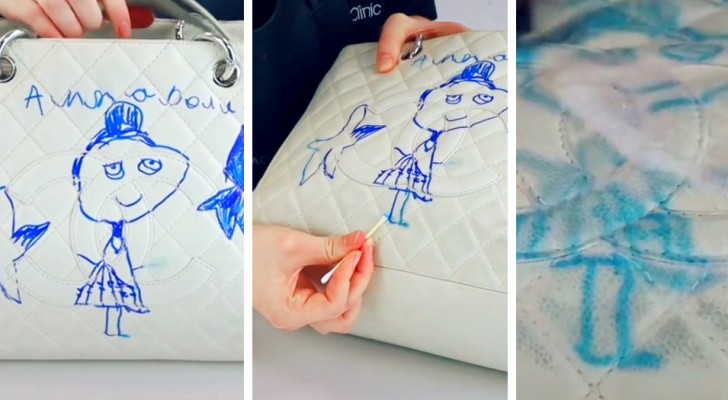 Una bambina di 5 anni disegna con un pennarello blu sulla borsa da 2.300 euro della madre