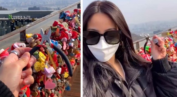 She travels 10,000km to remove a "love lock" she had hung with her ex